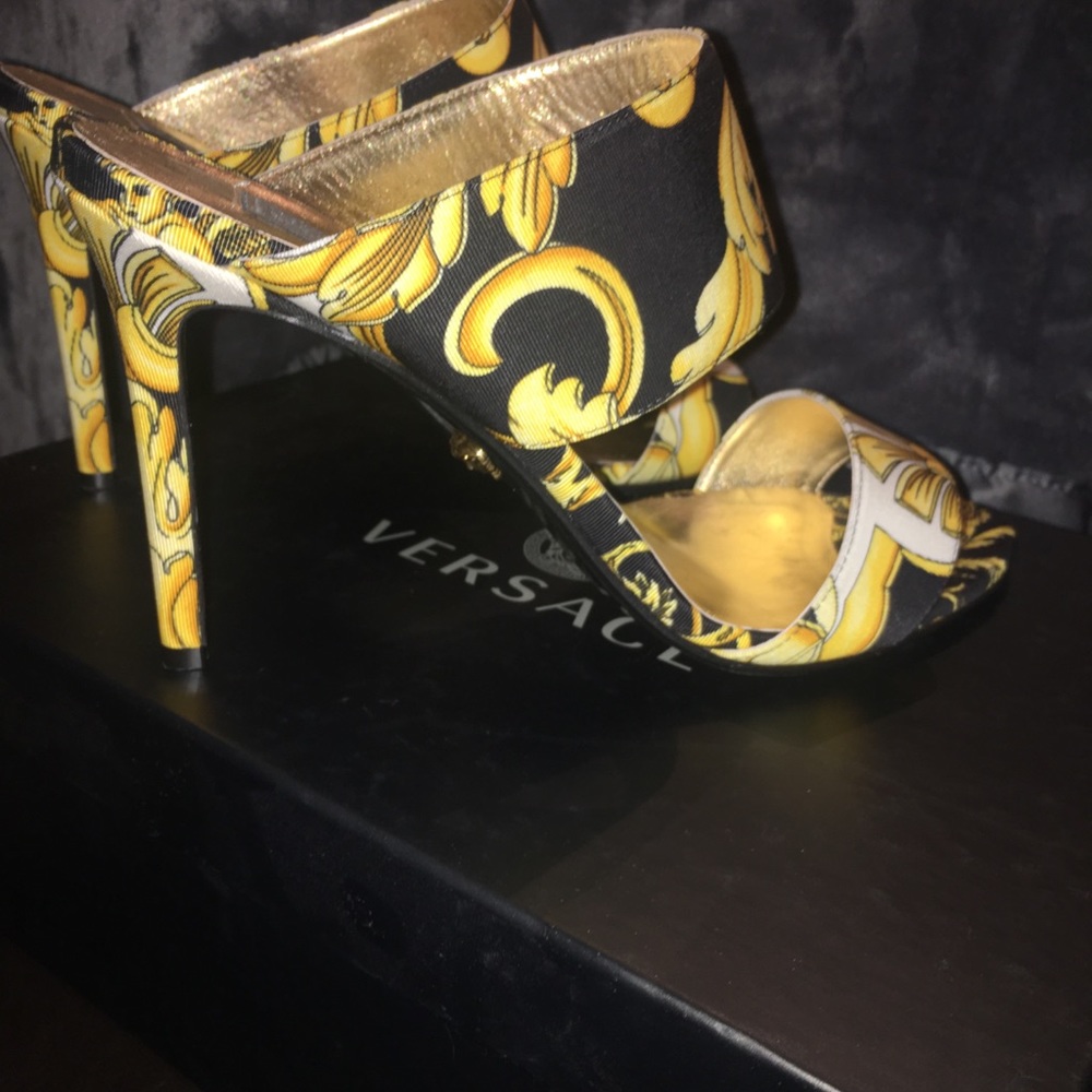 Versace Baroque-print Faille Mules